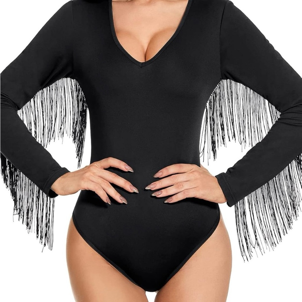 Black Fringe Long Sleeve Bodysuit